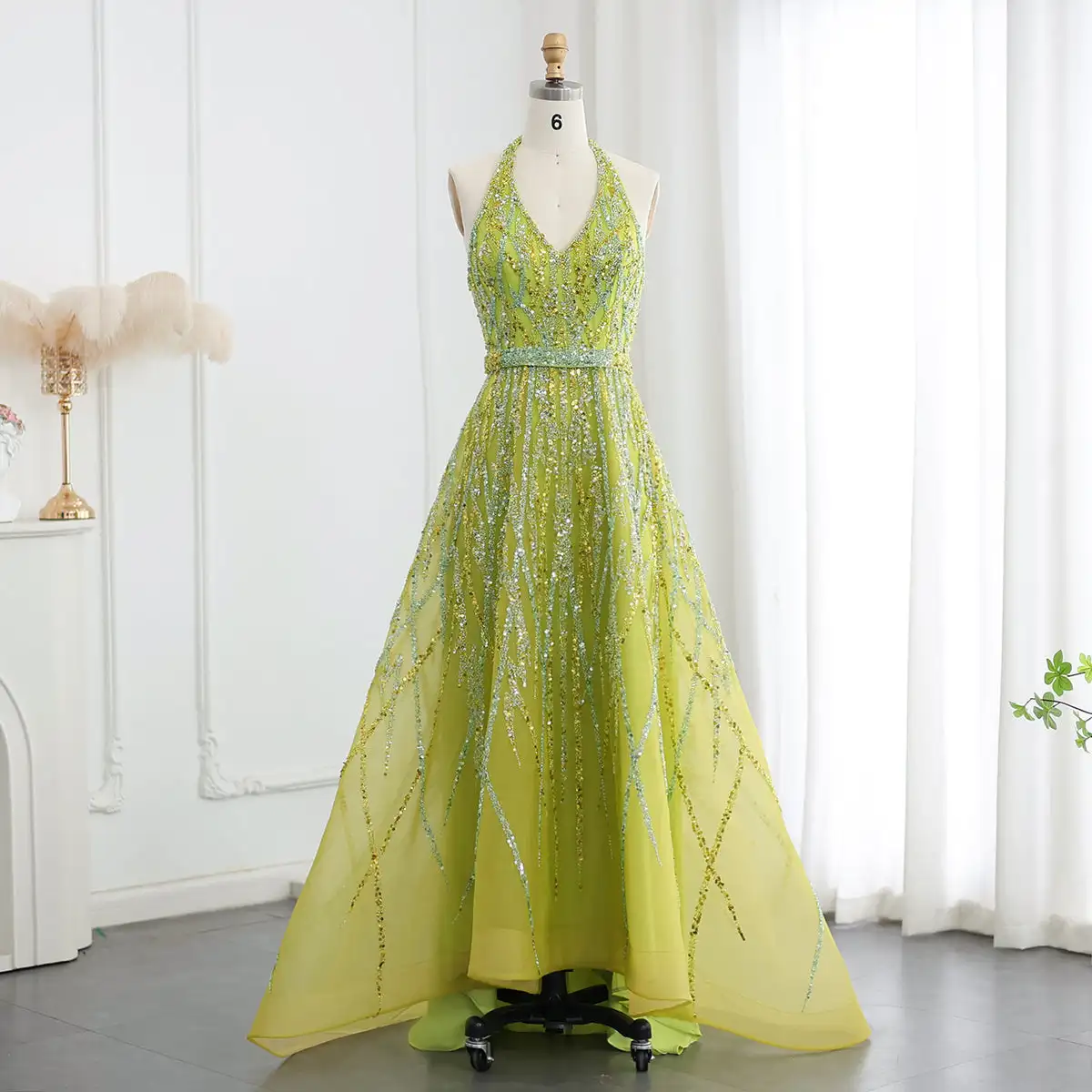 Luxurious Beaded Lemon Green Arabic Evening Dresses With Halter High Low Dubai Women Wedding Party Gowns Lsz472-1 Luxurious Beaded Lemon Green Arabic Evening Dresses With Halter High Low Dubai Women Wedding Party Gowns Lsz472-1