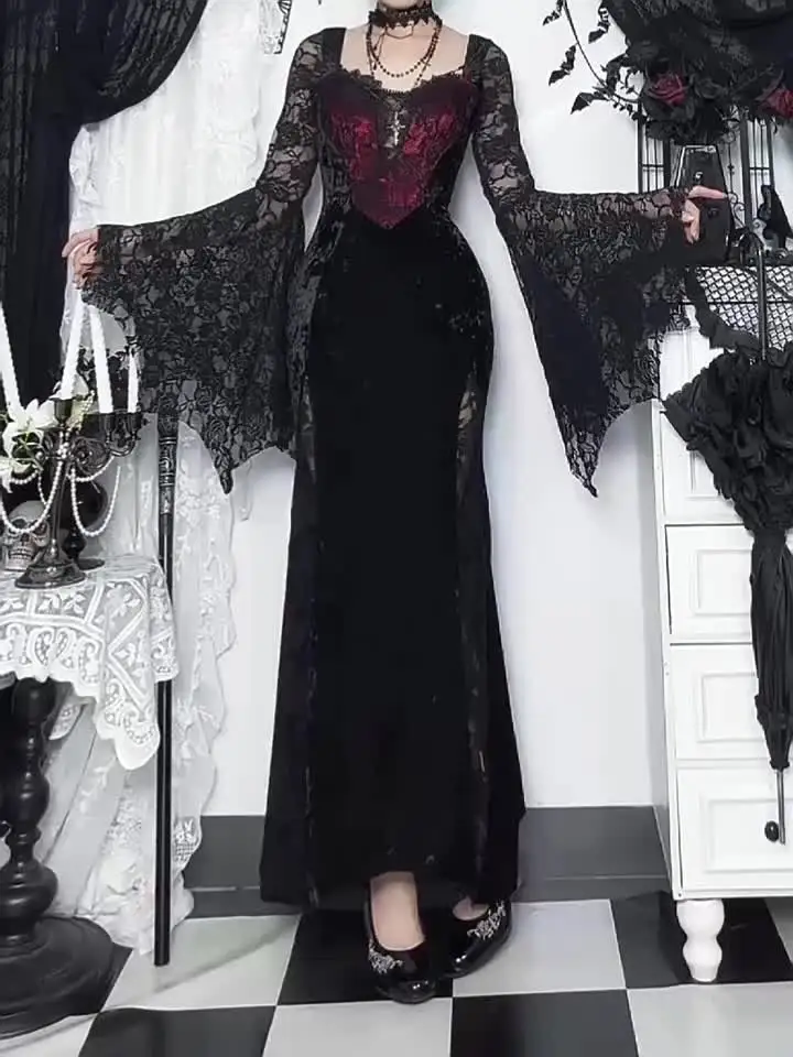 Vestido Feminino Halloween Gótico Grunge Punk de Manga Longa com