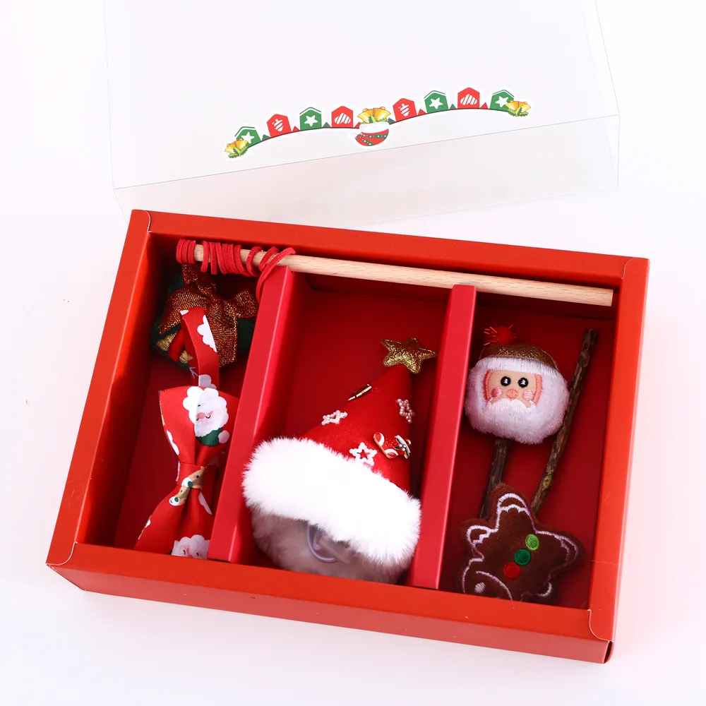 Interactive Eco-Friendly Cat Chew Toy Set Santa Claus Tree Hat Bow Tie Collar Teaser Wand Plush Christmas Pet Toy