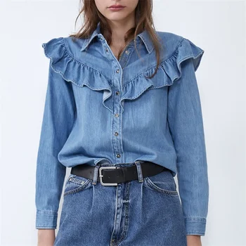 blue jean ruffle shirt