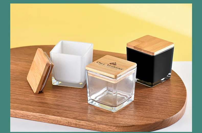 product luxurious empty square glass candle jars with wood lid printed for decorative use-9