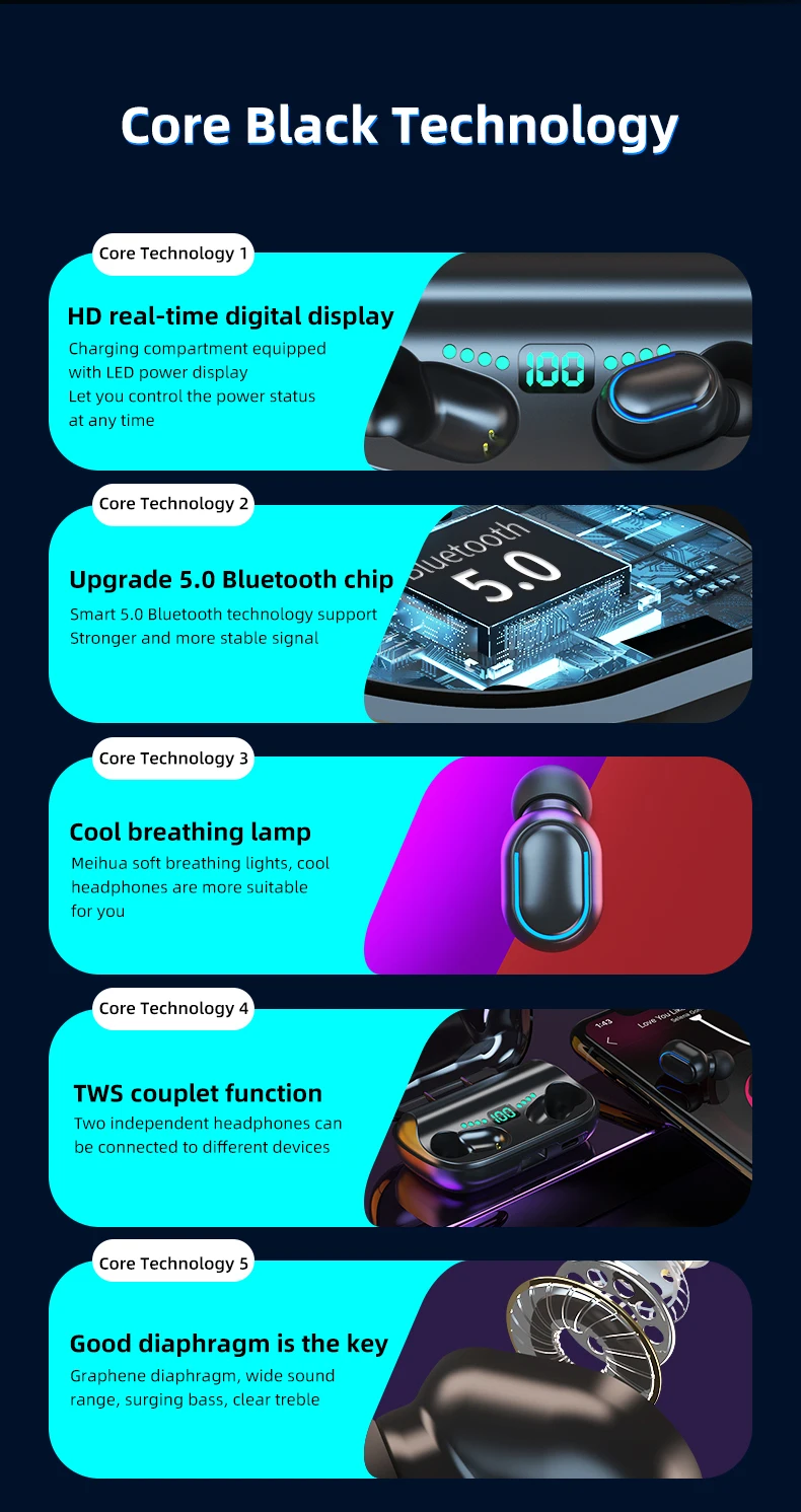 2020 hot sale T11 TWS Wireless Headphones Bluetooths 5.0 In-Ear Earphone 1800mAh Stereo Earbuds IPX5 Sport Waterproof Headset - ANKUX.COM