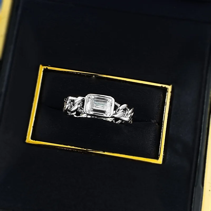 S925 Silver White Gold 5*7 Rectangular Lab Diamond Cuban Ring Live Cross-Border Chain Trendy Weddings Engagements