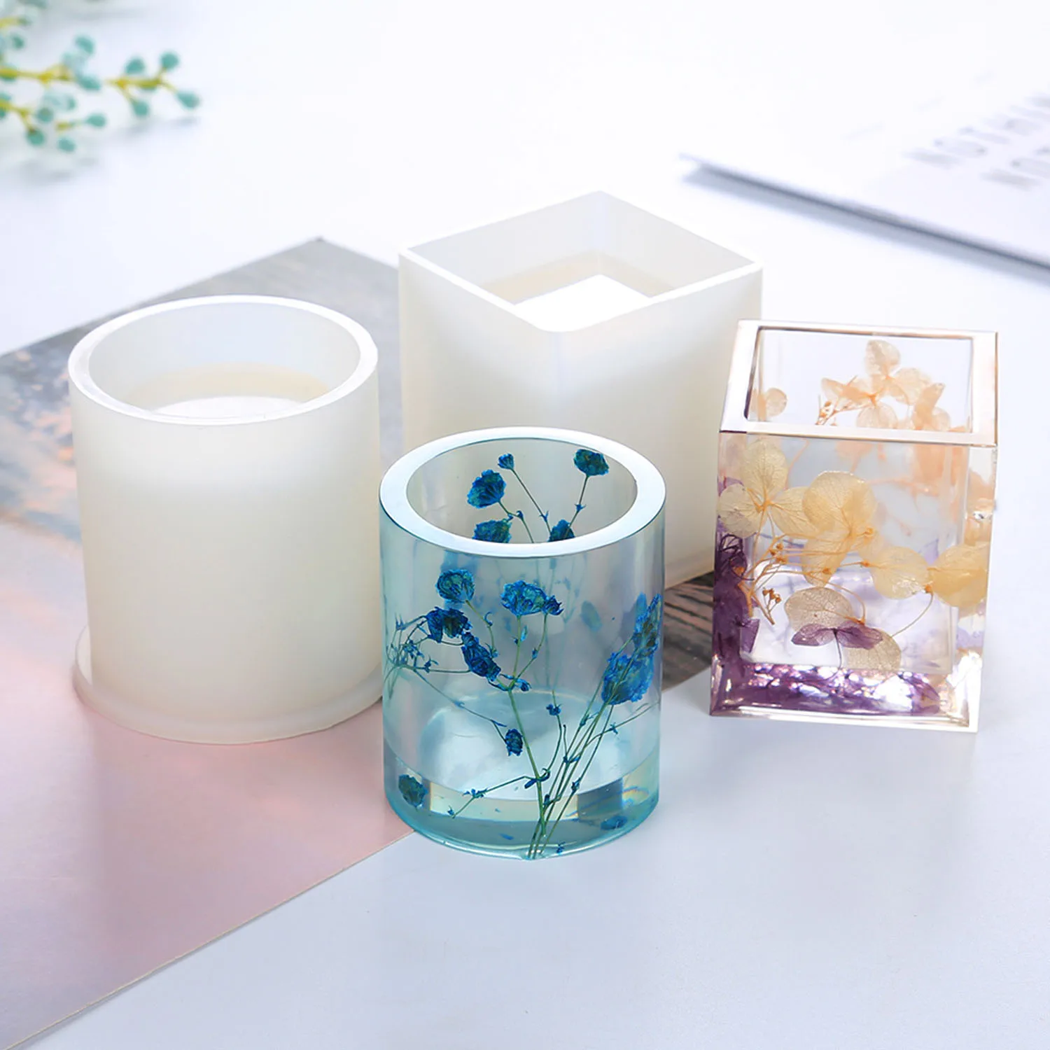 DIY Square Resin Mold for Making DIY Flower Pot,Planter Pot HEALLILY Cube and Cylinder Silicone Molds Pen Holder