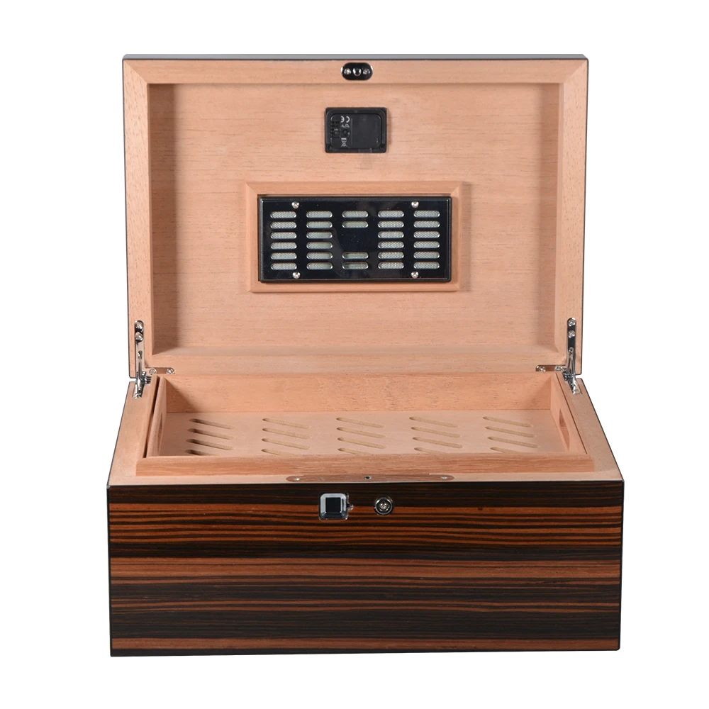 High Quality Wooden Humidor Ebony Veneer Luxury Locking Humidor Box For