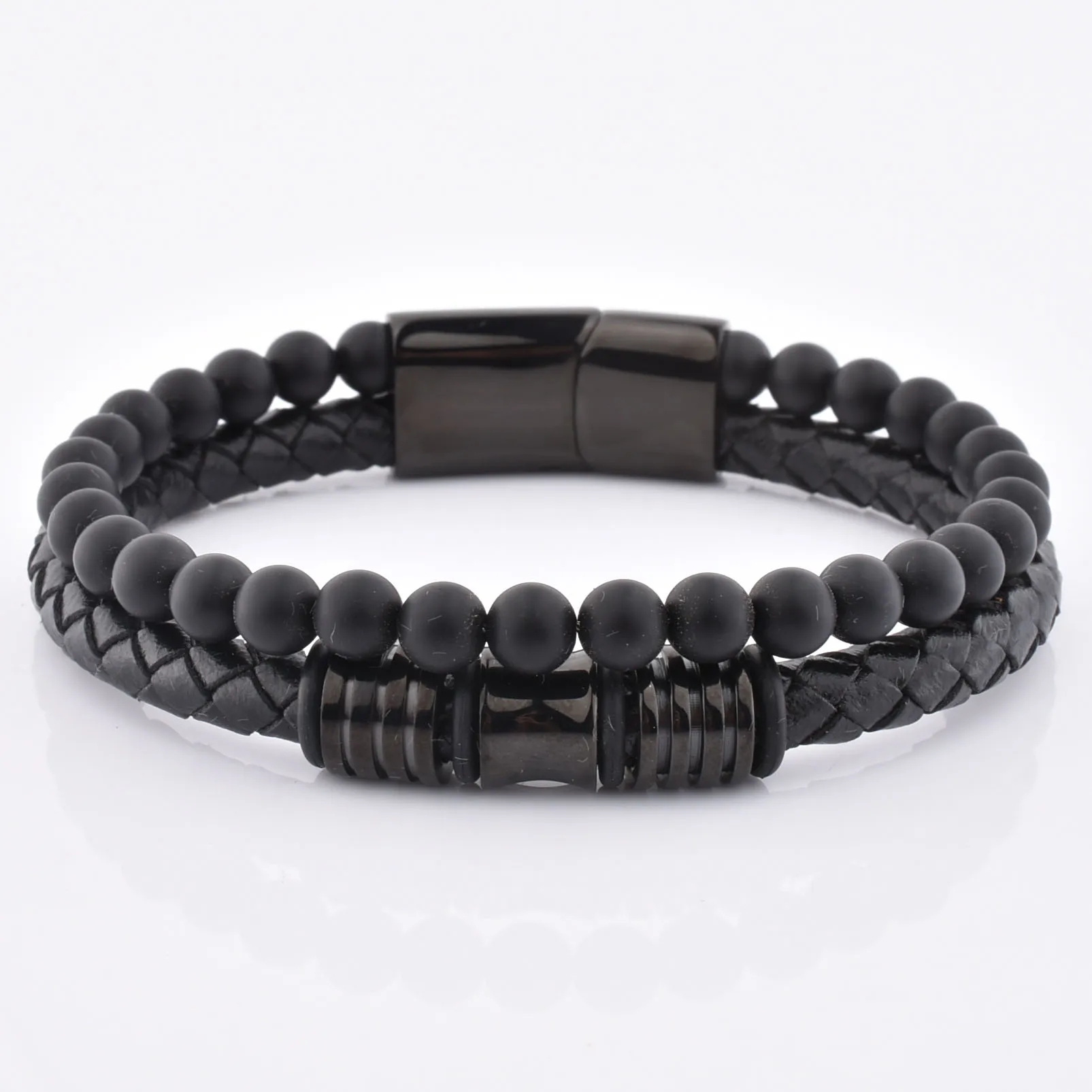 Men Fashion Double Skull Magnetic Leather Wrap Yellow Tiger Eye Bead Bracelet