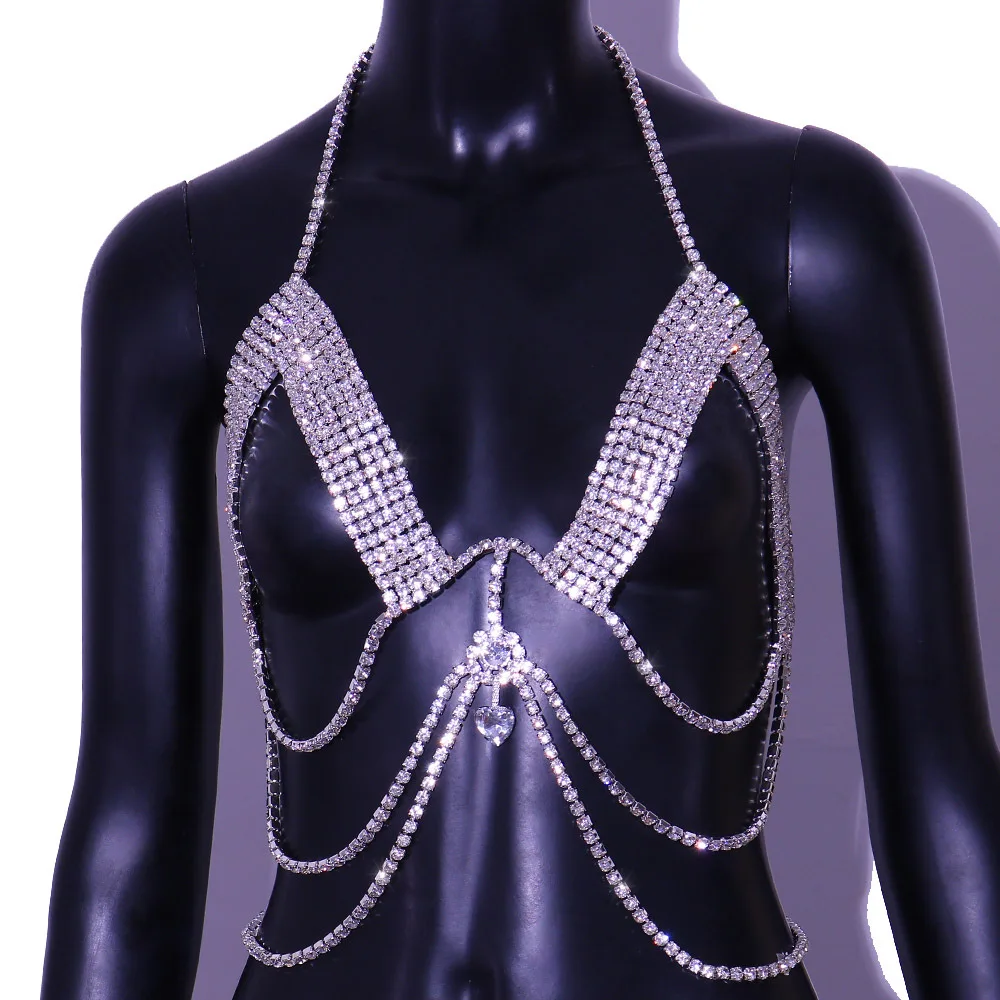 Women Shiny Crystal Rhinestone Mesh Body Bra Rhinestone Chain Bra Sexy Nightclub Style Body 6994