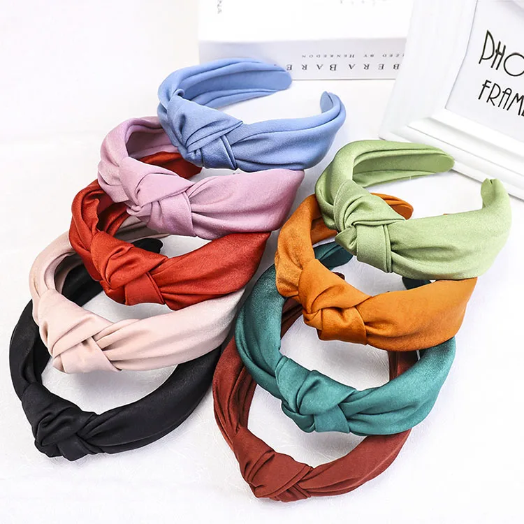 New Sweet Knotted Hair Band Pure Color Silk Acetate Fabric Wide-border ...