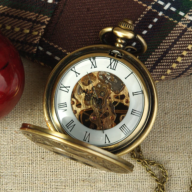 High Quality Pocket Watch Wholesale Large Hollow Gold Faced Big Roman Double Flip Flip Chain