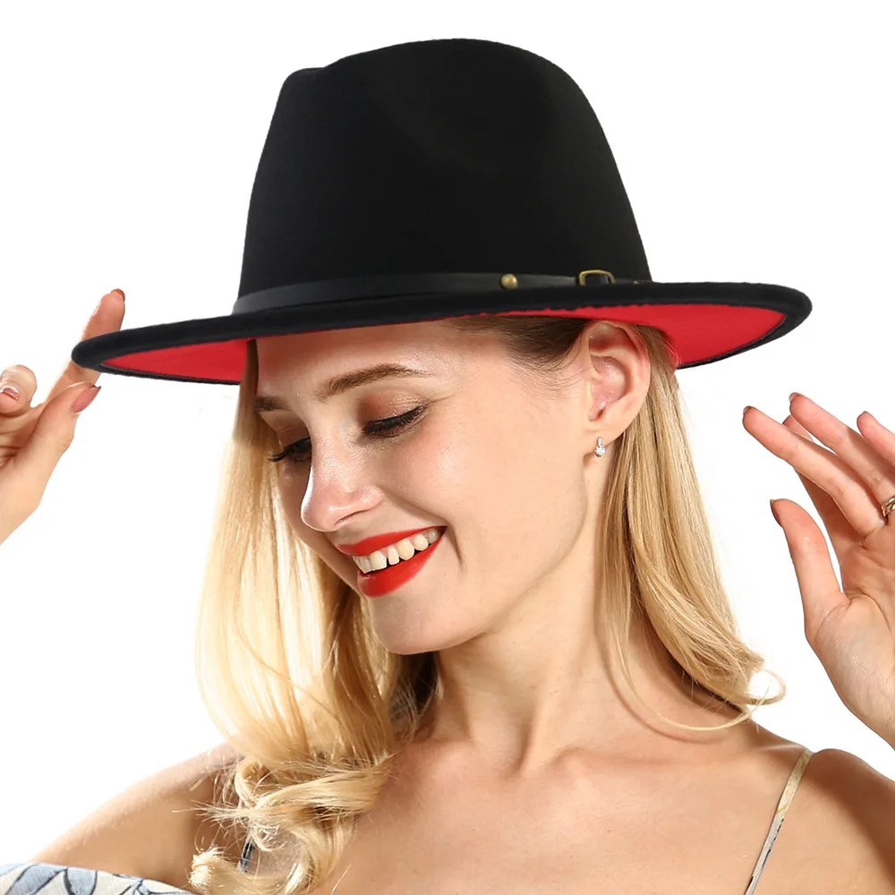 KKONION Plain Wool Felt Jazz Fedora Hats with Leather Decorated Men Women Casual Cowboy Cowgirl Hat Wide Brim Panama Cap 