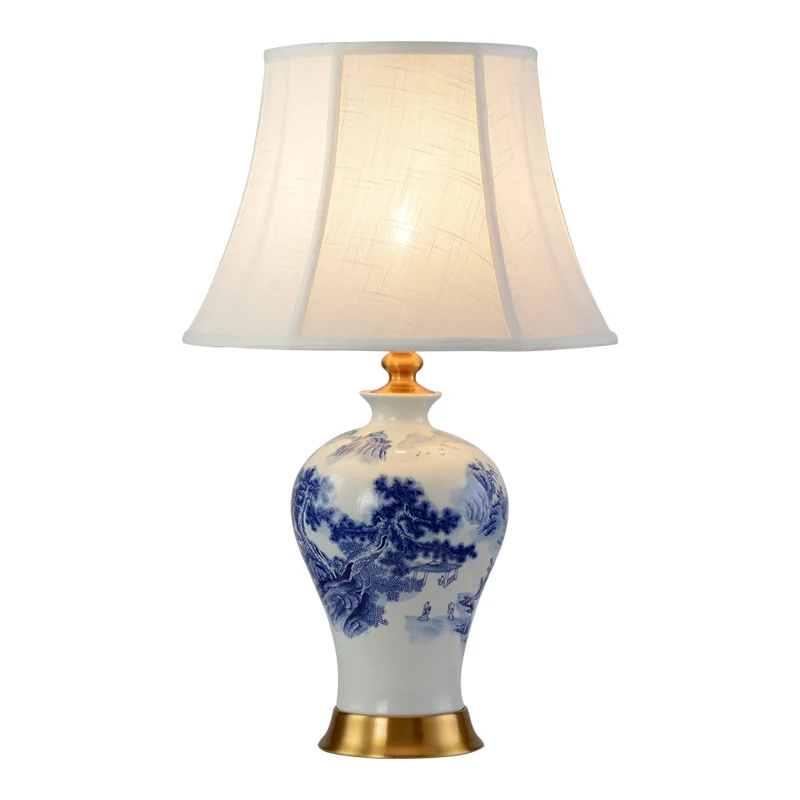 Factory supply Modern blue and white porcelain ceramics body fabric shade table lamp for Home use