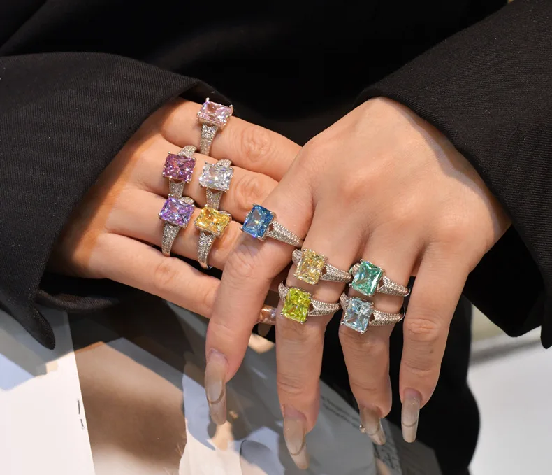 5.6 Karat Lab Diamond Ring Classic 8*10 Ice Flower Cut 925 Silver Ring with Classic Style
