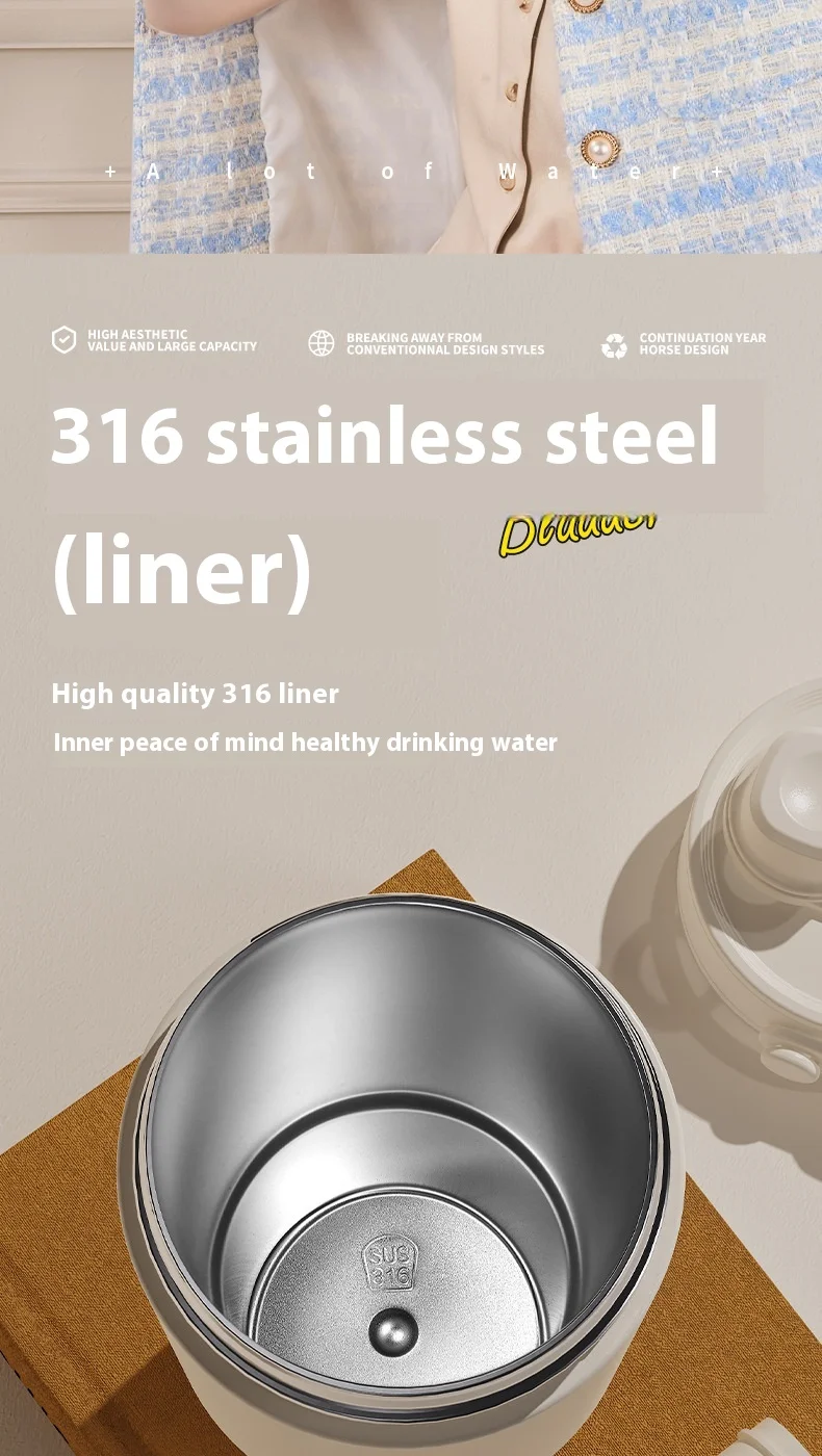 Large Capacity Stainless Steel Vacuum Flask Thermos Cup Striped Ceramic Liner Car Cup Tea Coffee On-The-Go Beverages