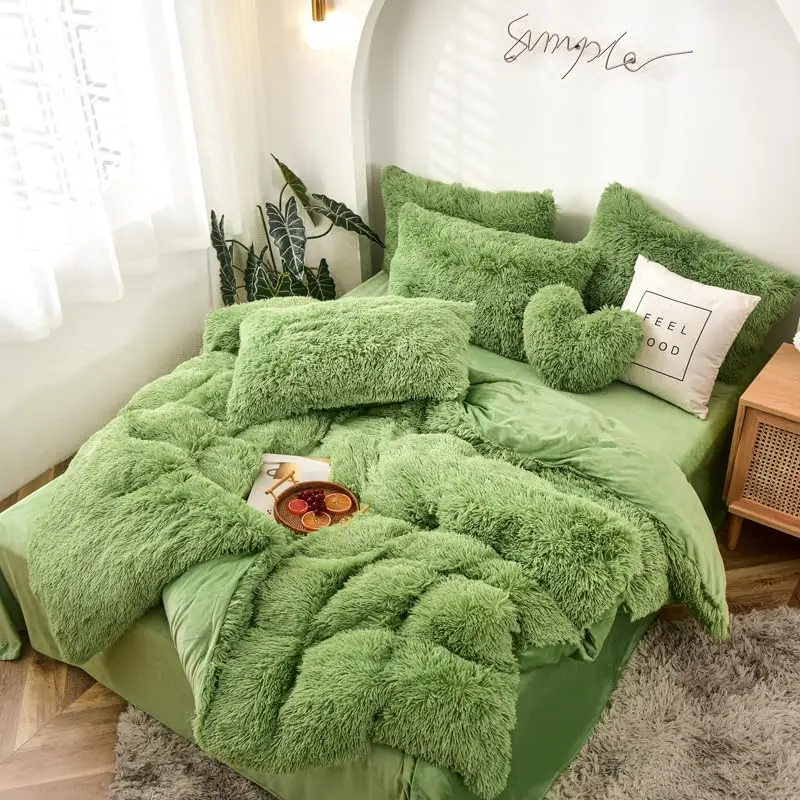 3pcs Ultra-Soft Fluffy Luxury Green Duvet Cover Set Shaggy Ultra-Soft Cozy Bedding with Long Faux Fur Cozy Green factory