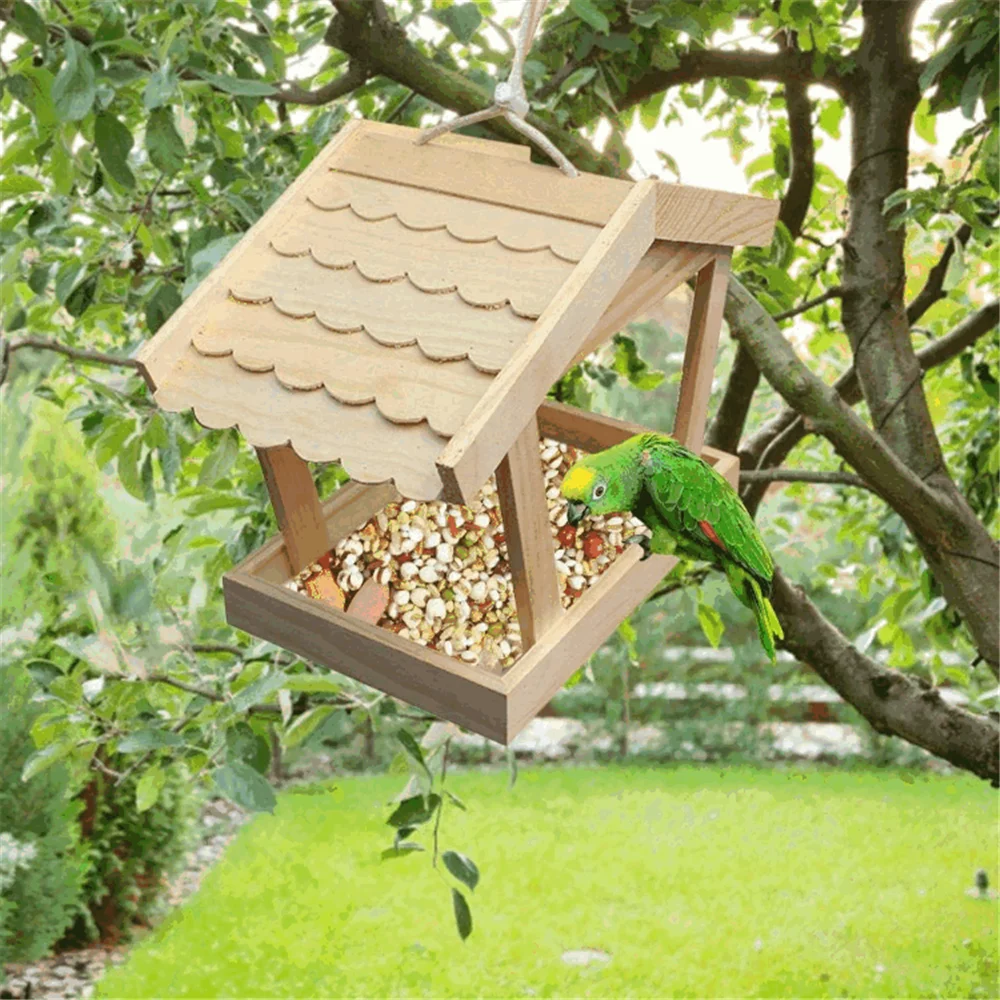 Durable fine workmanship natural solid wood hanging factory wholesale mountain lodge wood bird feeder