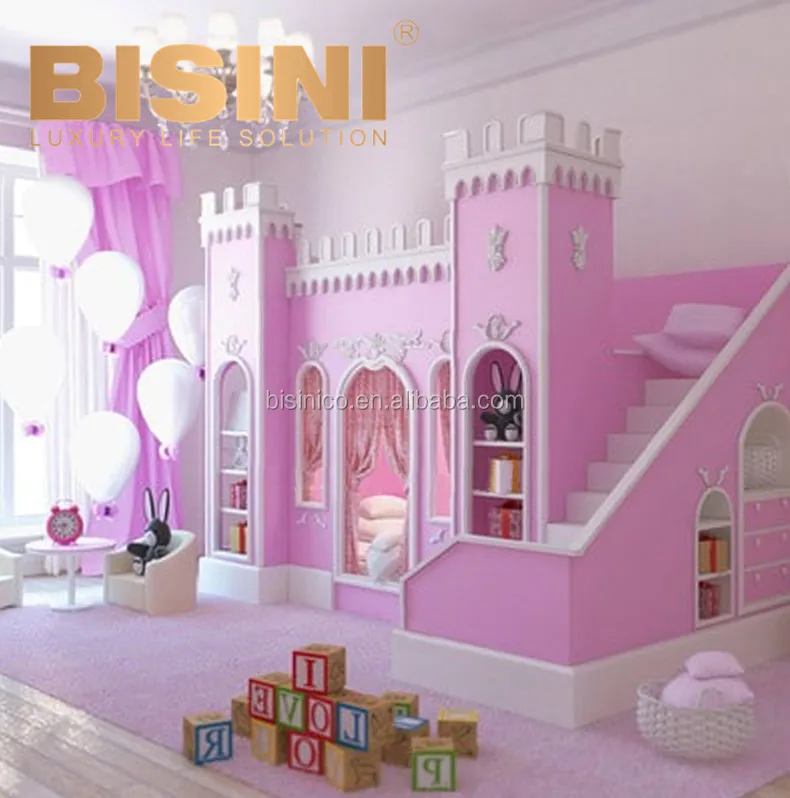 Children Double Bed With Stair And Pink Castle Wooden Bunk Bed