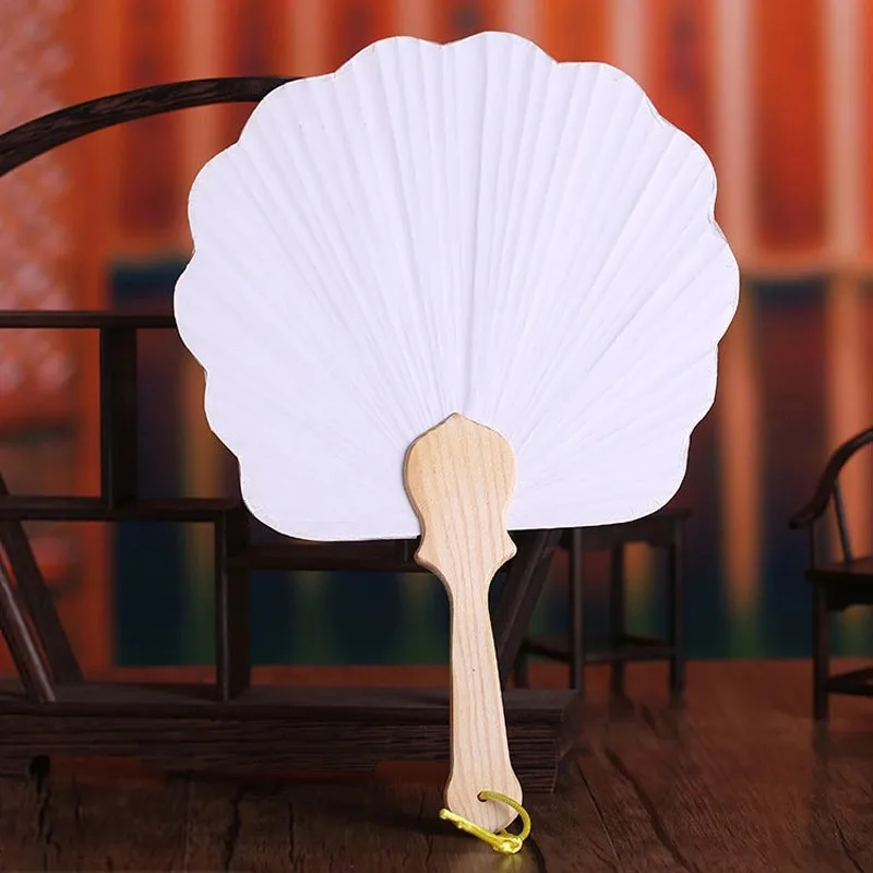 Handmade Paddle Paper Fan With Wooden Handle White Chinese Palace Round