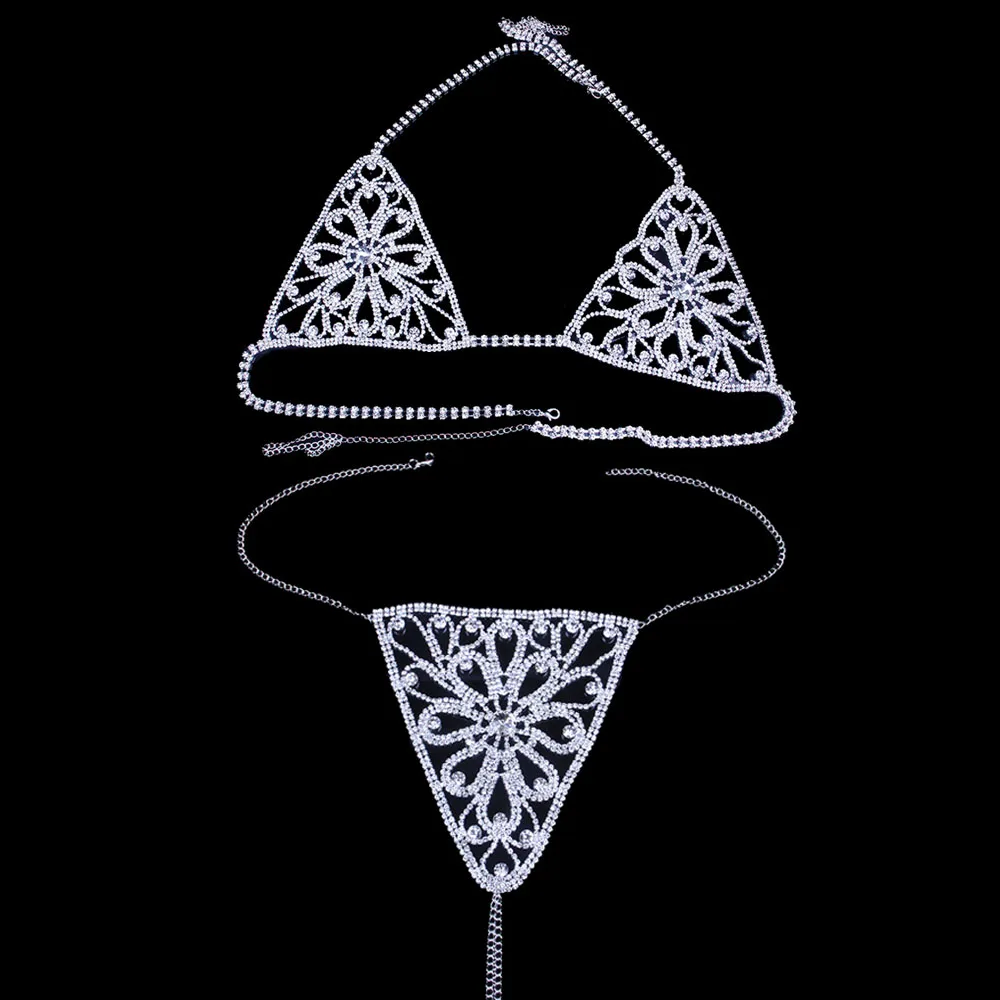 Sexy Flower Rhinestone Body Chain Underwear Set Crystal Bra Thong