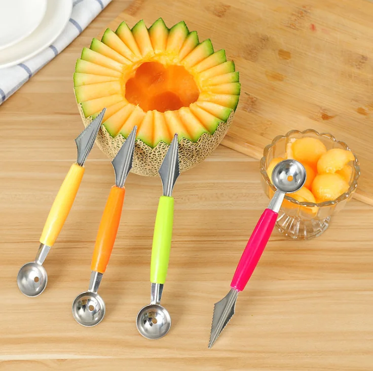 Double head stainless steel fruit digging ball spoon corrugated carving knife for watermelon fruit platter