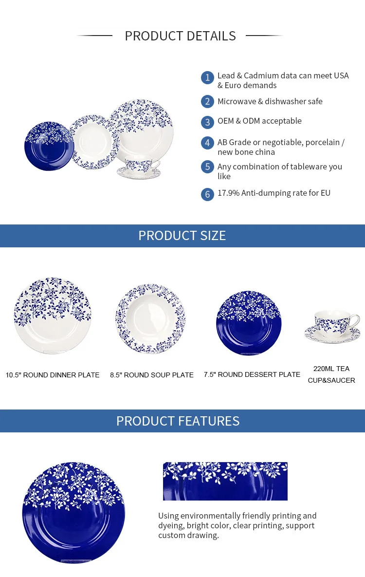 Elegant Blue And White Flower Ceramic Pattern Tableware Sets Bone China ...