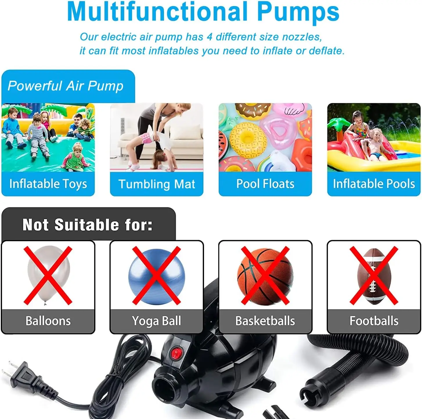 110v Ac 600w Air Pump Inflator Deflator With 5 Nozzles Electric Air