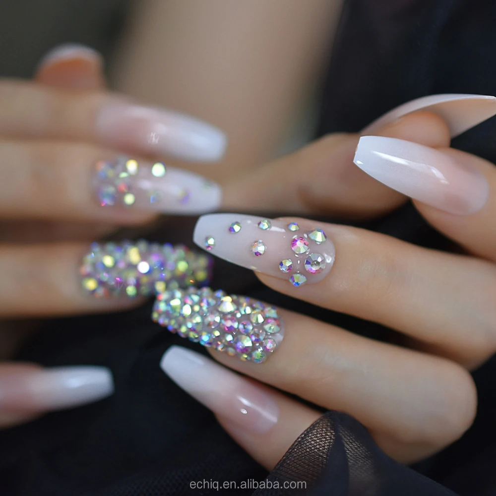 Crystal Ombre Nails Full Designed Rhinestones Ballerina Fake Nails Long  Natural White Designer Nail Art Tips L5419 - Buy Strass Nails,Ombre  Nails,Coffin Nail Product on Alibaba.com