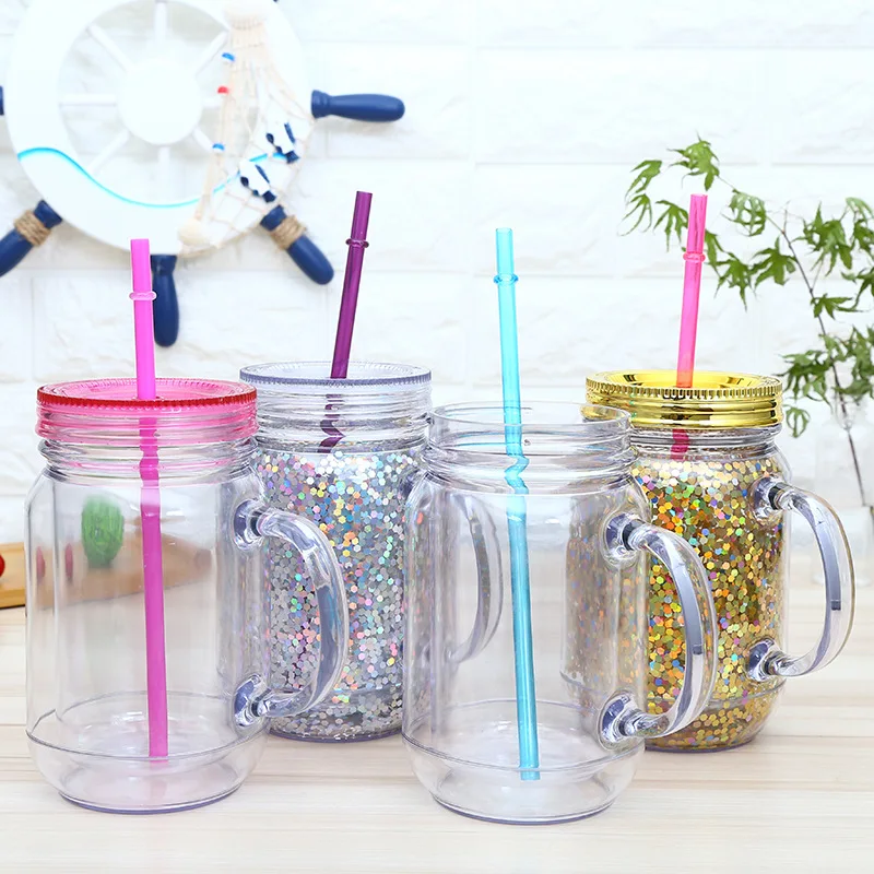 Plastic Mason Jar Cups with Lid and Straw