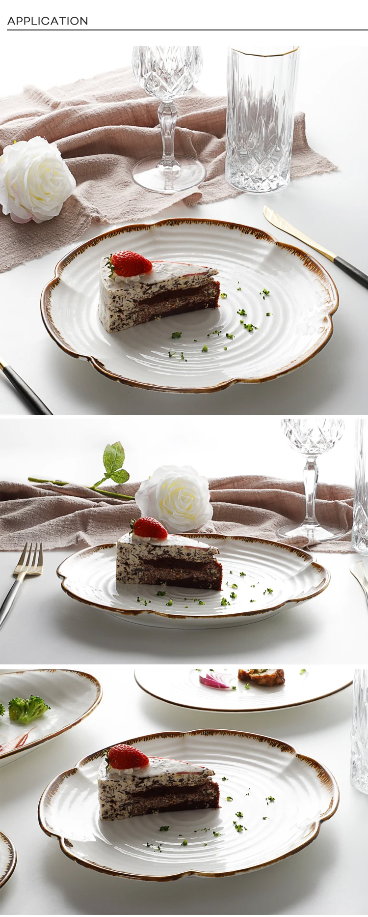 New Design Wedding Catering Flower Rimmed 8/10/12/14/16 Inch Ceramic Dinner Plates