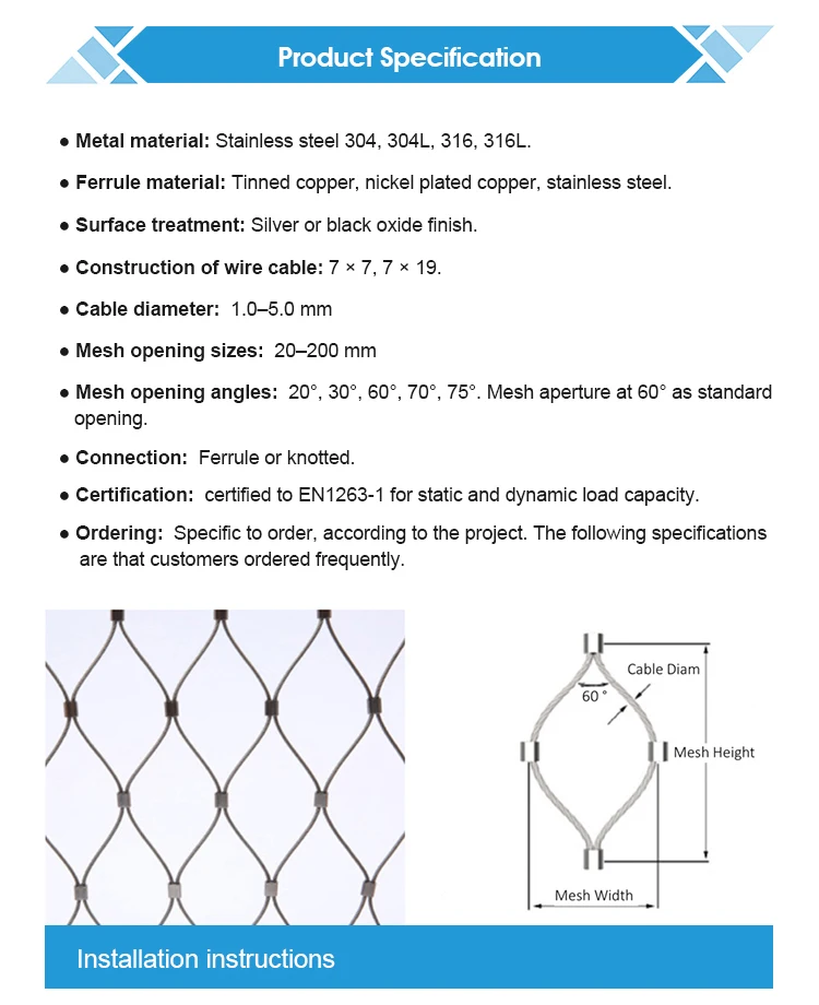 ss304 stainless steel wire rope  mesh used in zoo fence