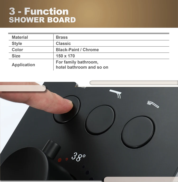 Shower accessories three function buttons hot and cold water thermostatic control switch brass black valve body