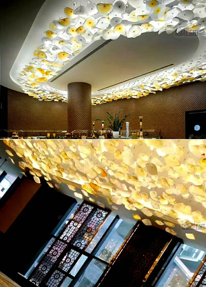 Customize the glass art Lotus leaf ceiling lamps for the foyer and living room of the hotel villa
