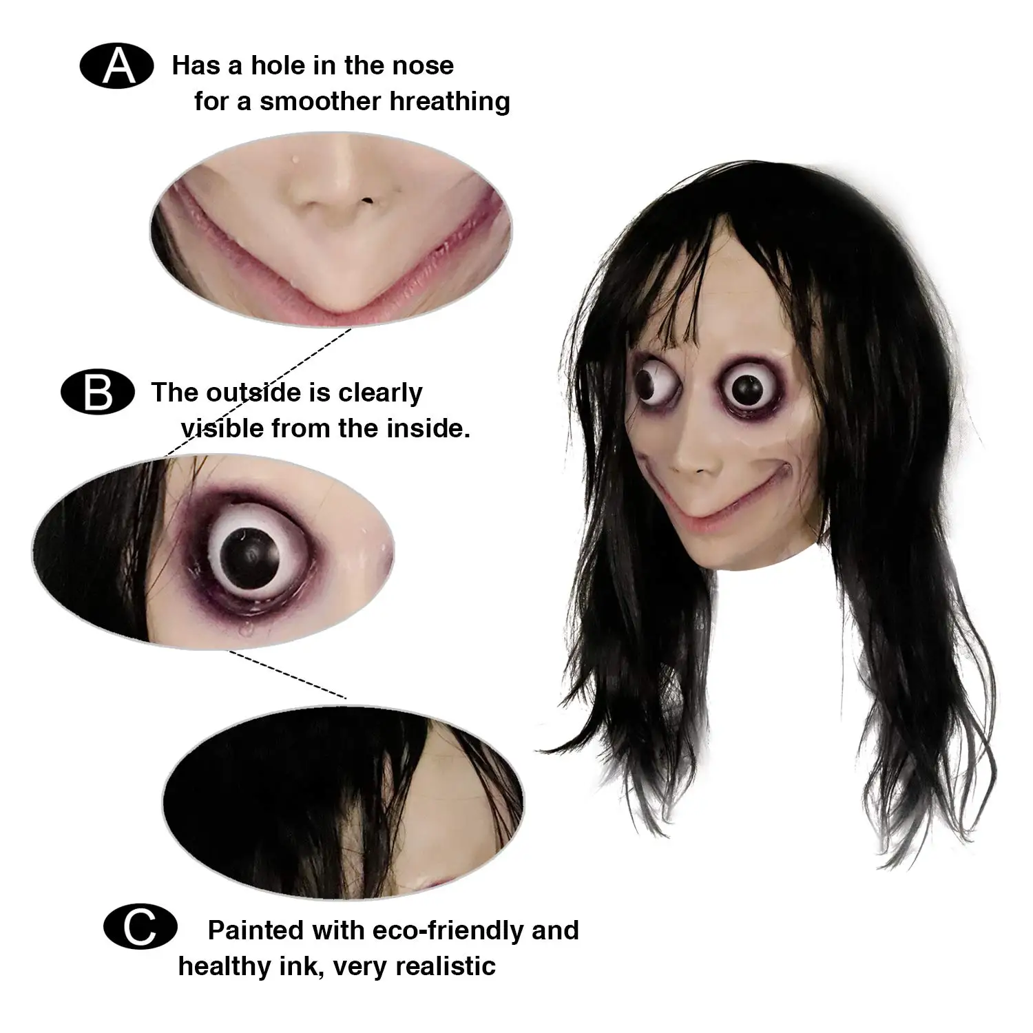 Scary Momo Hacking Latex Mask Full Head Momo Big Eye With Long Wigs Mask Costume Theme Party Props - Buy Creepy Scary Mask For Halloween Costume Momo Full