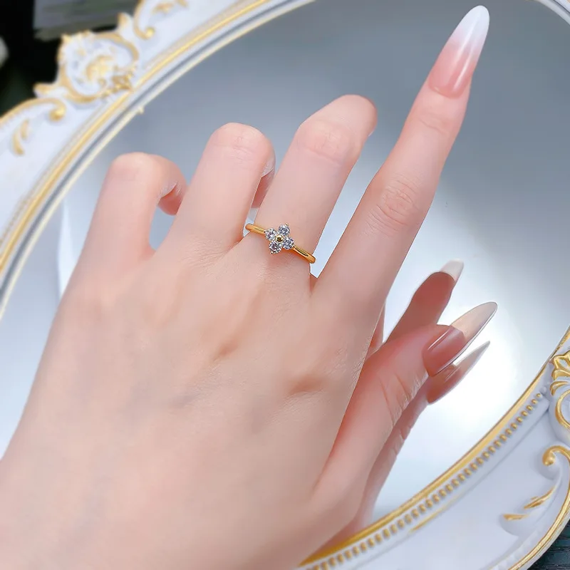 Small Fresh Style S925 Silver Ring Live New Four-leaf Clover with Geometric Lab Diamond Lucky Grass French for Party Gift