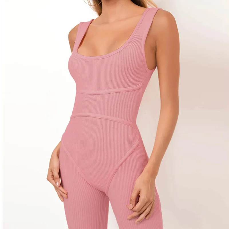 Wholesale new fashion women ladies one piece fitness yoga sleeveless pink bodycon rompers short jumpsuit