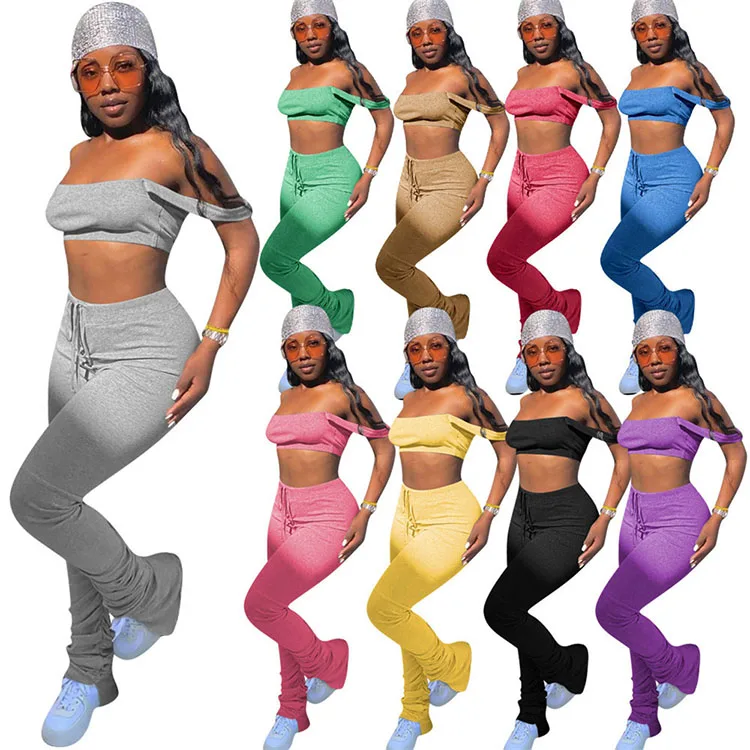 

2021 Custom Women Casual Solid Tank Tops And Stacked Flared Pants Legging 2 Piece Set, Pink,yellow,red,purple,gray,black,blue,brown,green