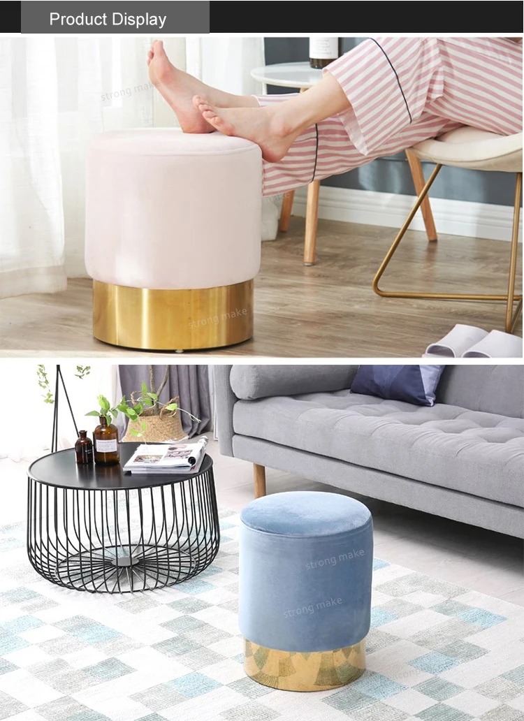 Modern Designed Round Gold Base Velvet Upholstered Foot Stool Round