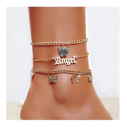 14K Ankle Bracelet Angel Charm Foot Jewelry Chain Boho Layered Gold Butterfly Anklets for Women and Girls