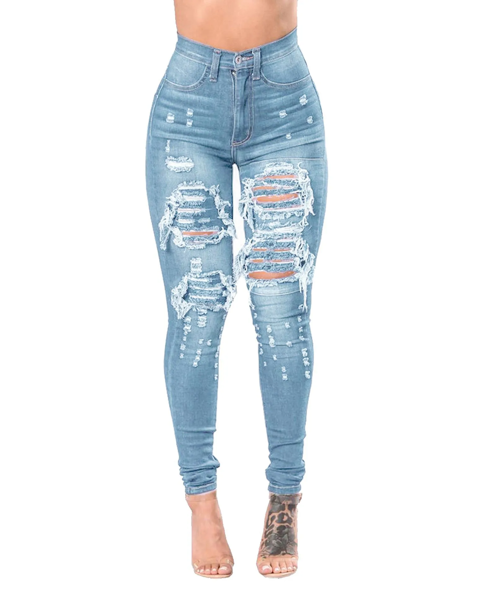 Women Ripped Jeans Fashion Hip Hop Broken Holes Denim Jeans High Waist ...