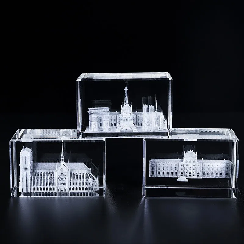 Small-bridge 3D laser crystal cube famous building Triumphal Arch Eiffel Tower tourist gift factory