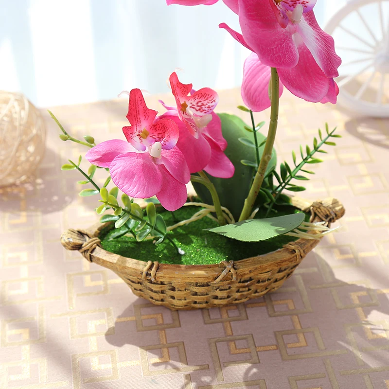 Decorative Red Arrangement Small Artificial Flower Potted Silk Orchid