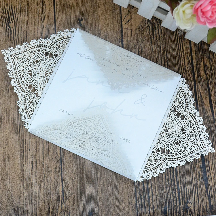 Elegant lace pocketfold wedding invitation card laser cut