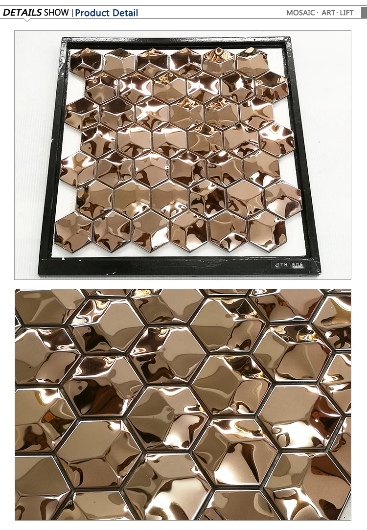 3D Hexagon shaped gloss rose gold stainless steel mosaic tile for bathroom wall decoration