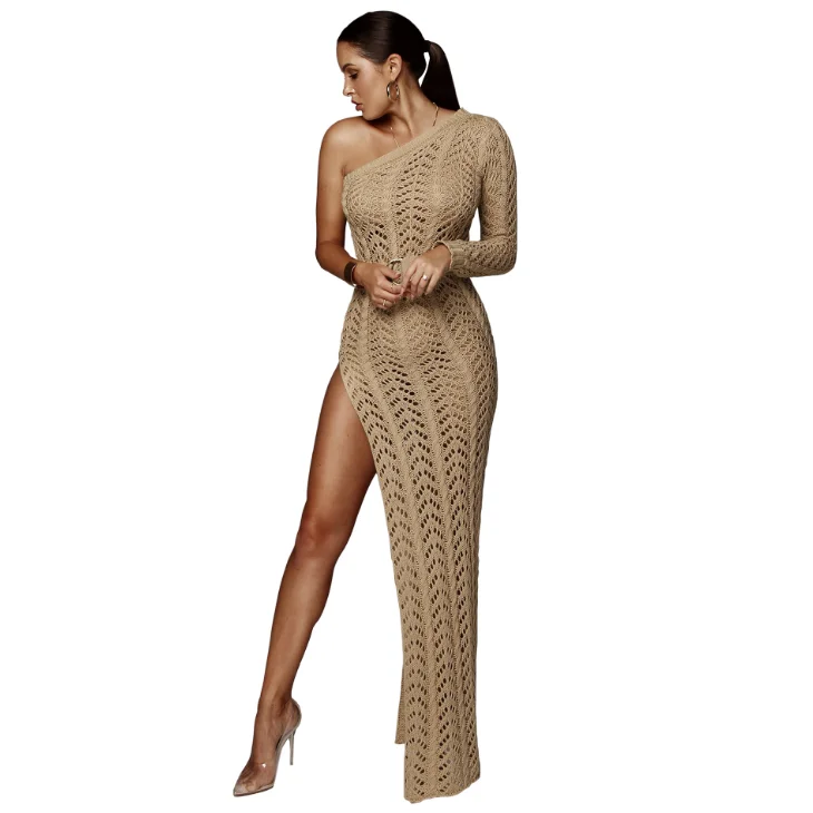 Popular style open-shouldered hollowed-out dress sexy dress women high-forked knitted beach dress for women
