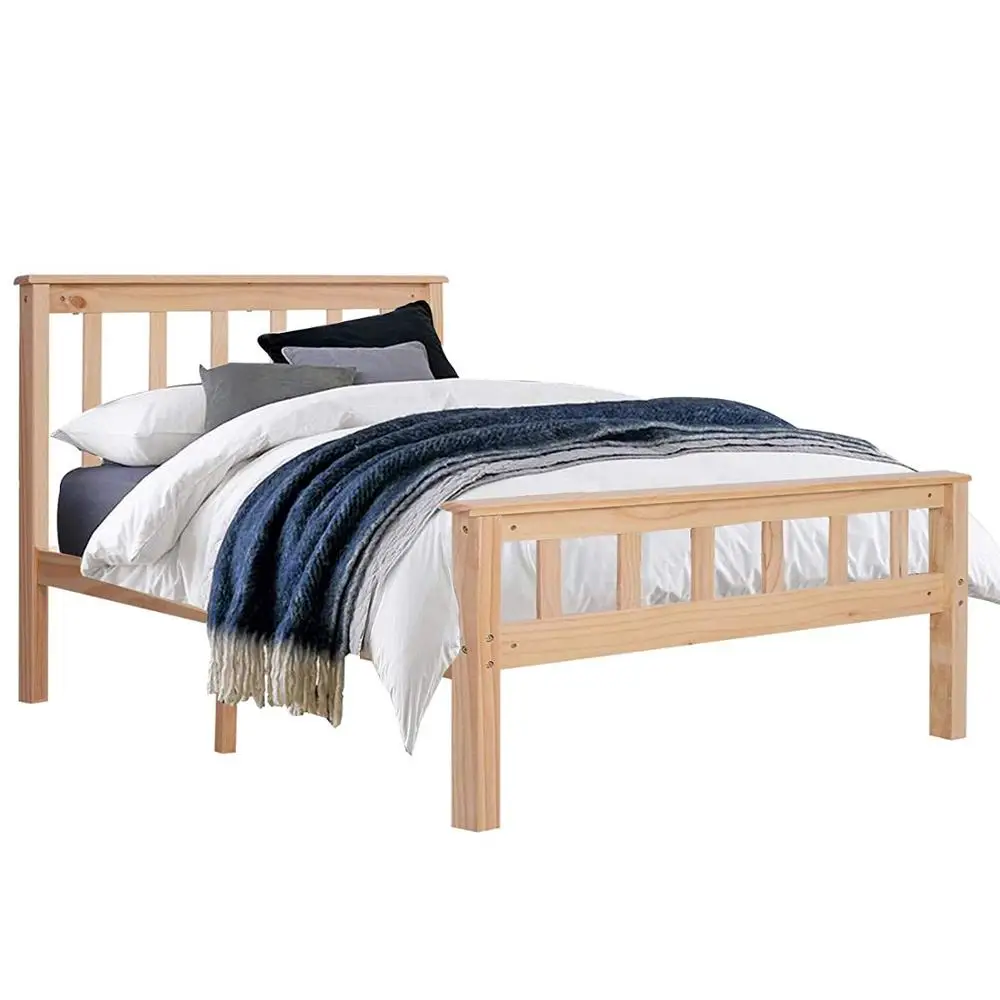 单人睡床实心松木框架木制床头板卧室家具天然木材颜色 208x92 x 82