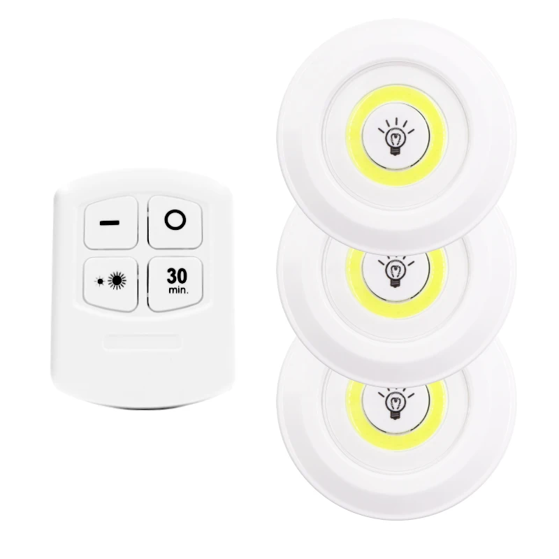 LITWOW Wholesale Battery Powered Low Voltage Wireless 3pack COB LED puck Night Light with Remote Control for Cabinet and Ceiling