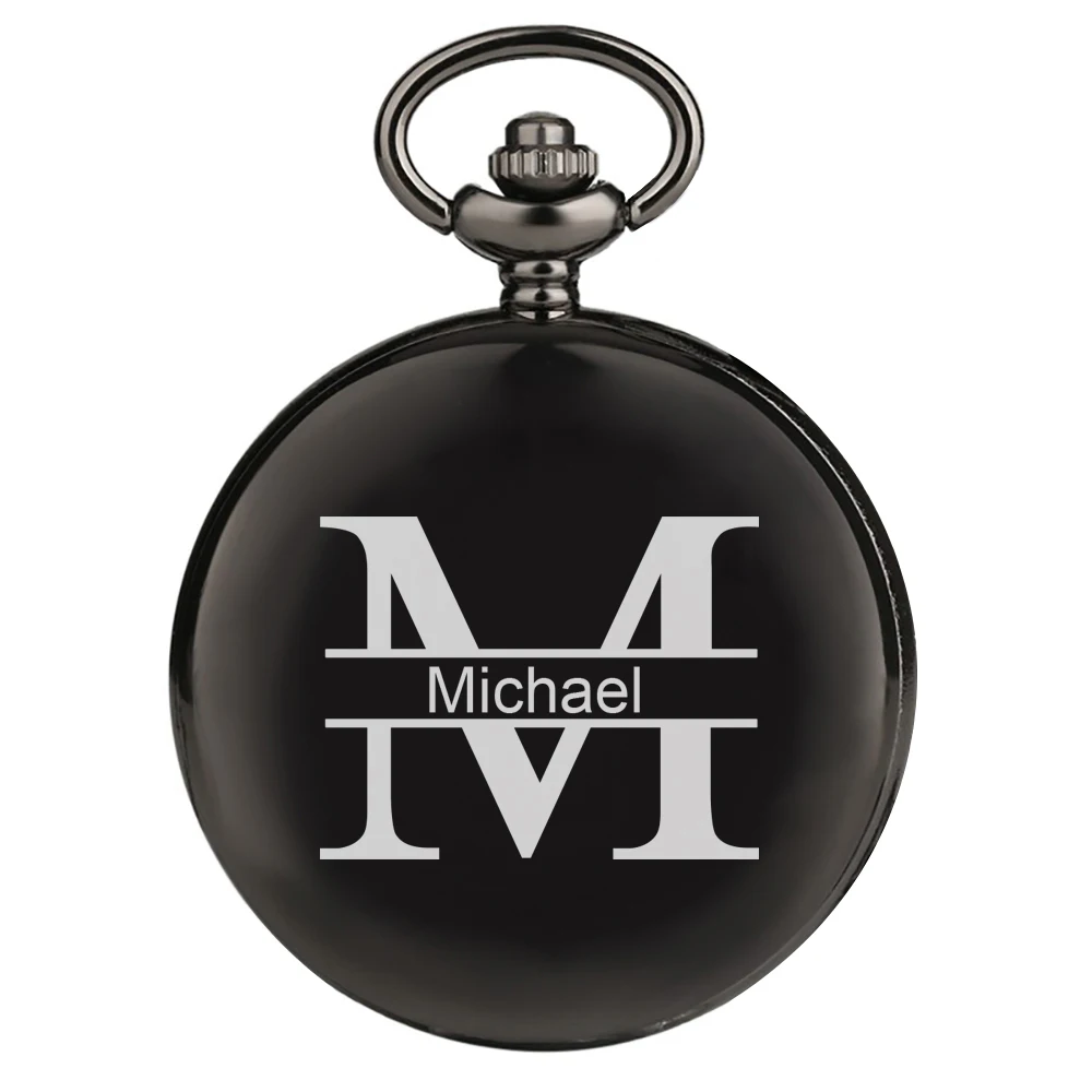 
Engraving LOGO Pocket Watch Retro Black Charm Custom Quartz Pocket Watch Man Necklace Pendant with Chain Gifts Box for Dad 