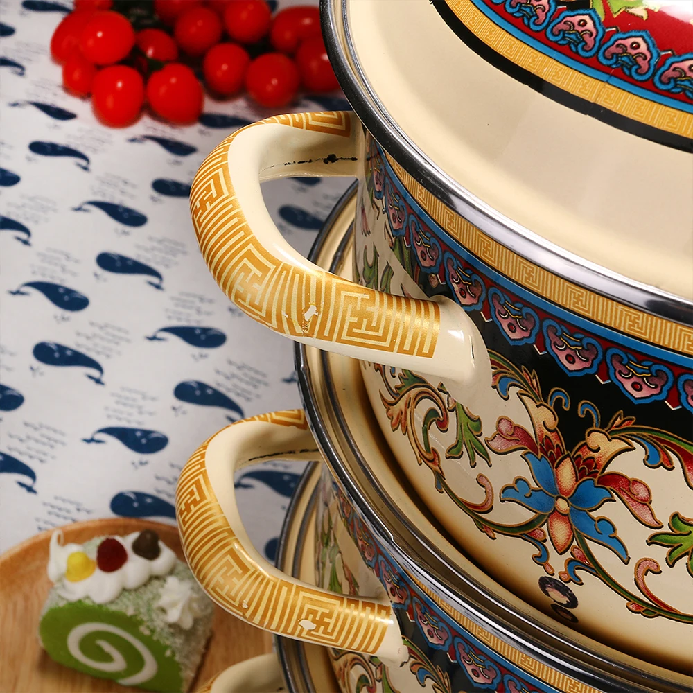High Quality Vintage Enamel Travel Cookware Pots Enamel Camping Pot 5 Pcs Enamel Casserole Pot