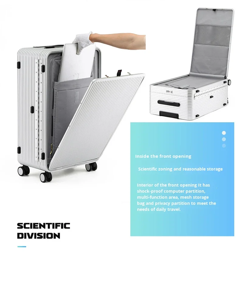 product full aluminum luggage spinner trolley case 20 24 30 inch unisex front opening waterproof anti theft tsa lock suitcase business-12