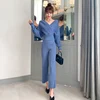 Early spring new arrival v neck collect waist top and long pants twin set