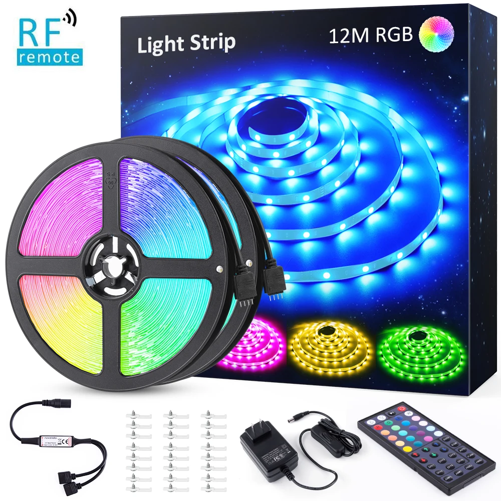 12M/40FT RGB LED Strips Light Kit 5050 SMD 12V/24V Power Adapter Dimmable LED Ribbon for Home Lighting Kitchen Bar